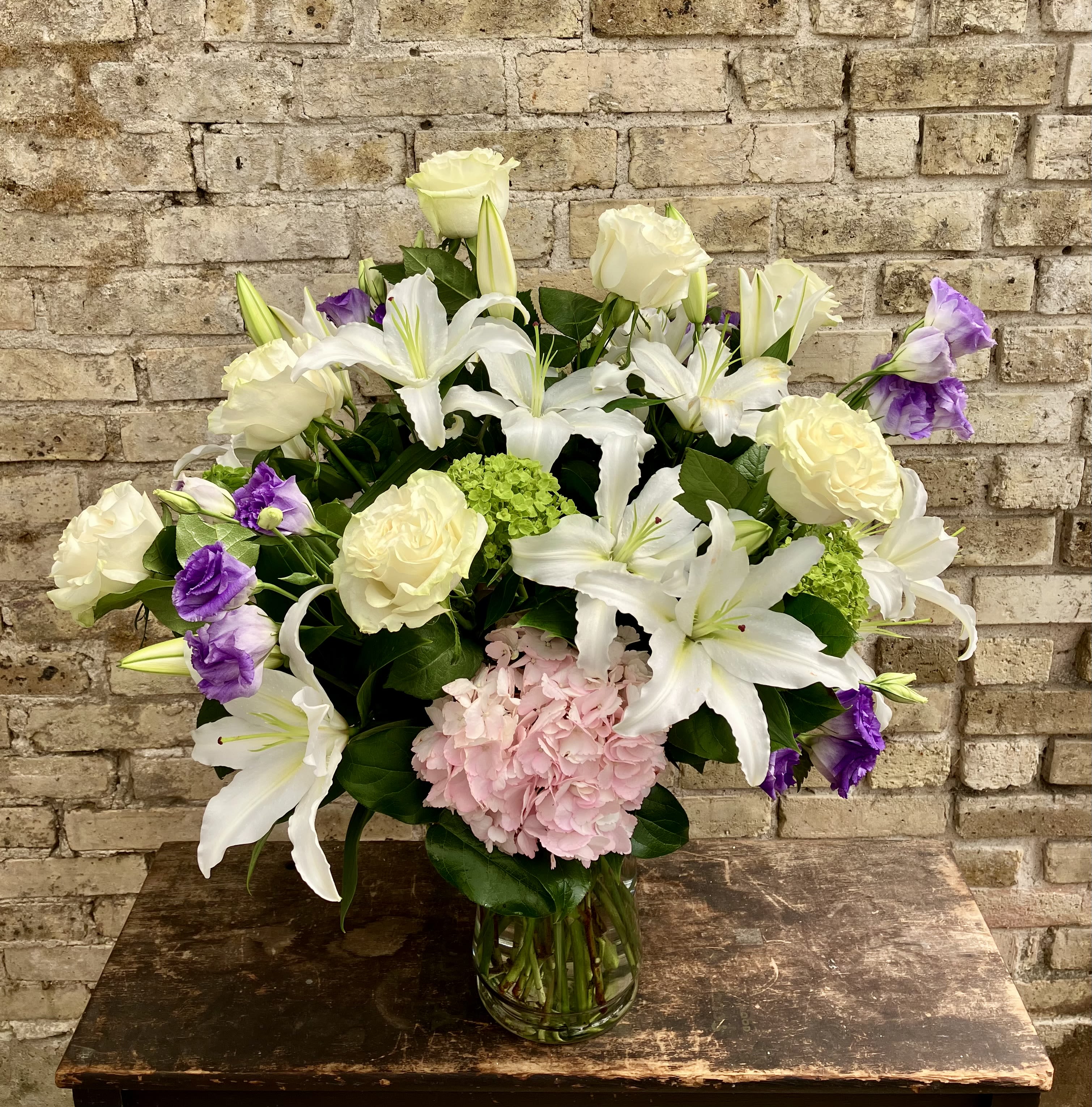 Heaven Scent - Fresh Arrangement With Roses, Hydrangea, Lilies and Lisianthus. Great For Any Occasion. (some flowers may vary depending on availability)