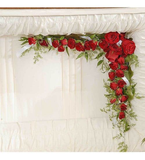 Corner of My Heart Casket Arrangement - This arrangement is a red rose casket lid corner insert, meant to provide a final touch of beauty and comfort during the viewing.