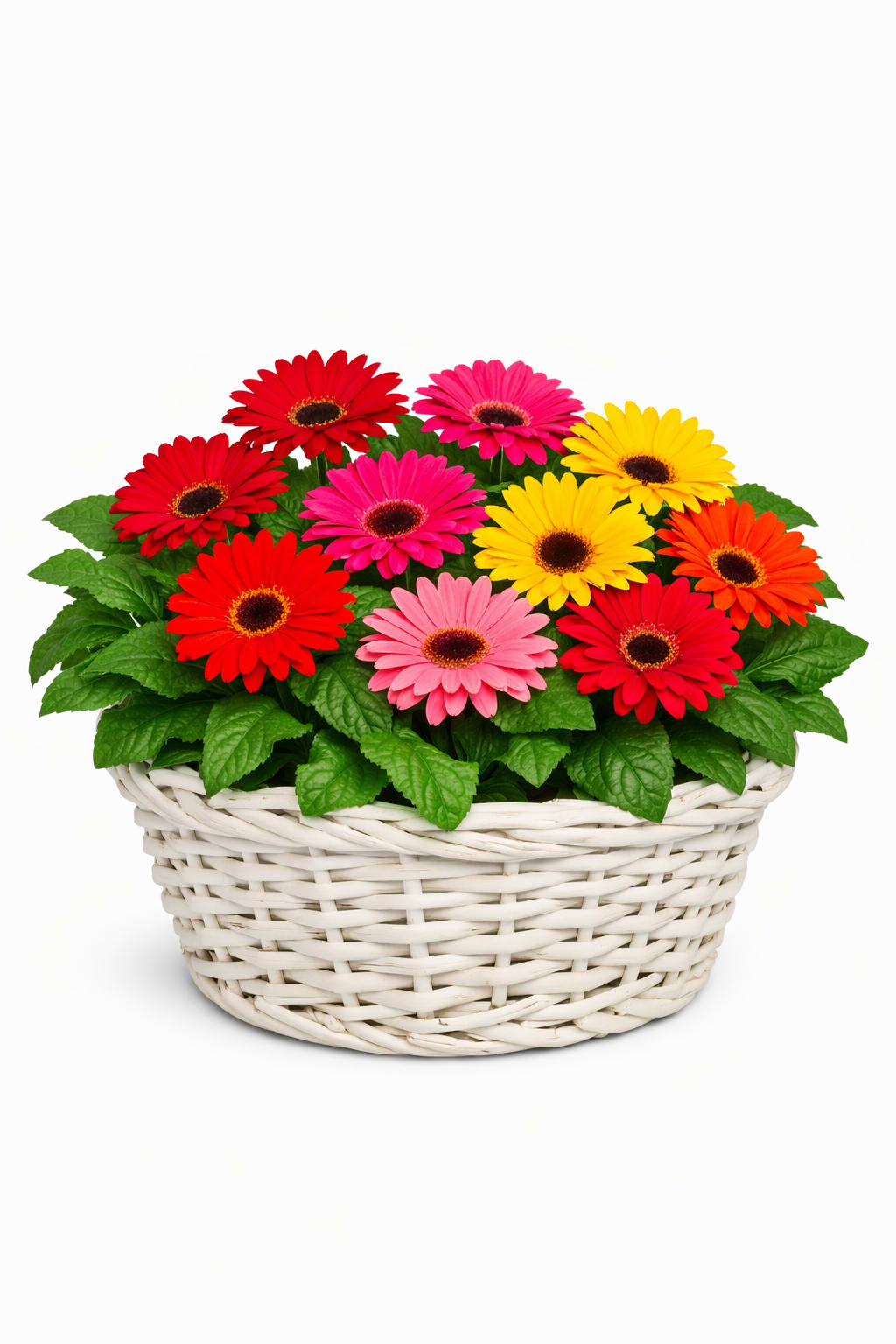 Potted Gerbera Daisy Plants - Two potted gerbera daisy plants in a double white basket will bring joy!  Color assortment will vary.