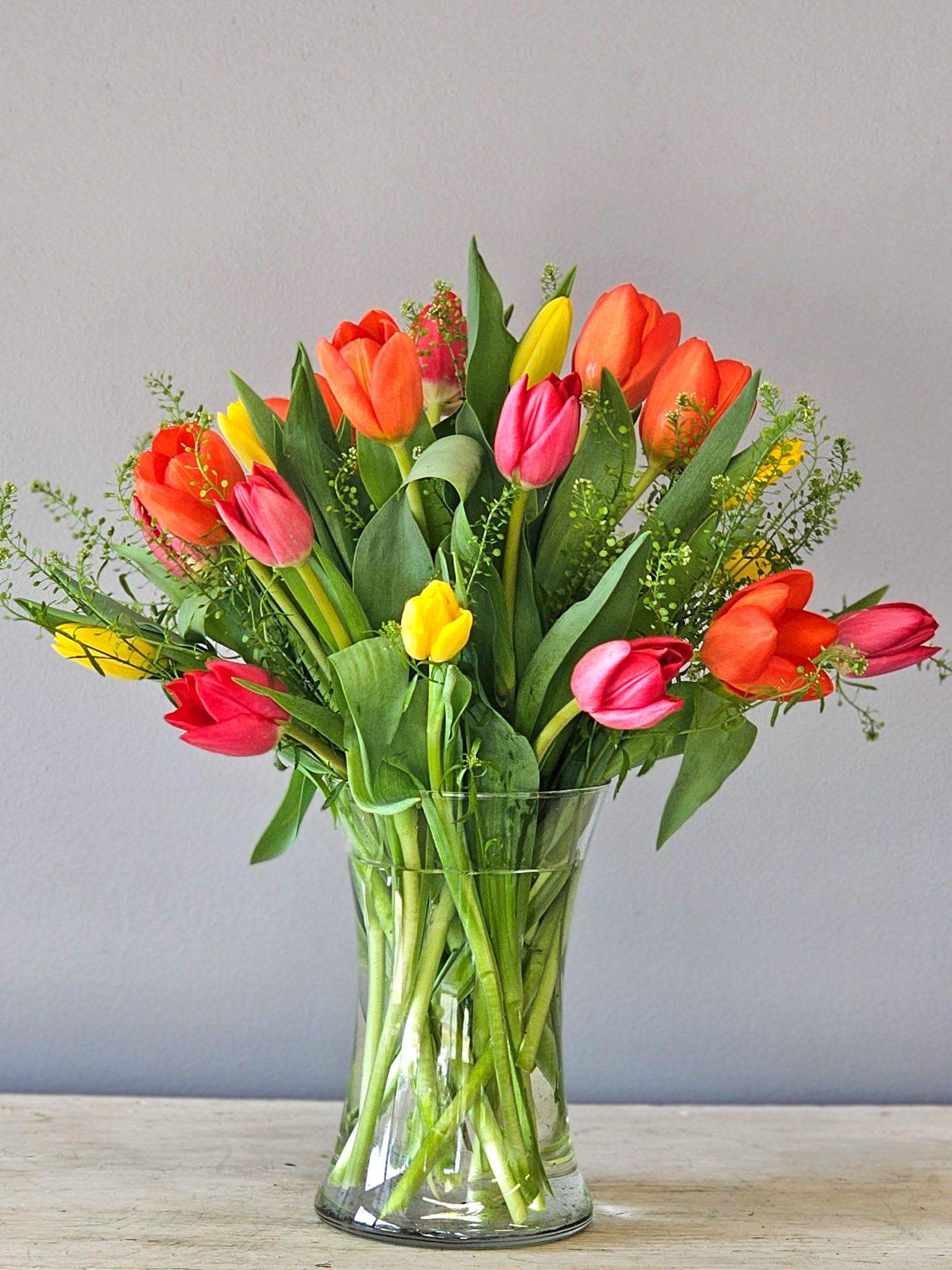 Tulip Time - 20 mixed colored tulips in a vase with seasonal greenery.