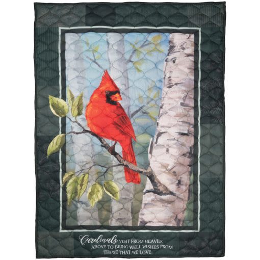 Tapestry Quilt Cardinals Visit - Our quilts are made of 100% polyester microfiber. Two loops are sewn in on the reverse side for hanging purposes. Machine wash separately in cold water on gentle cycle, tumble dry on low-heat. Each quilt comes individually packaged. Bow included.  W: 37" H: 52"