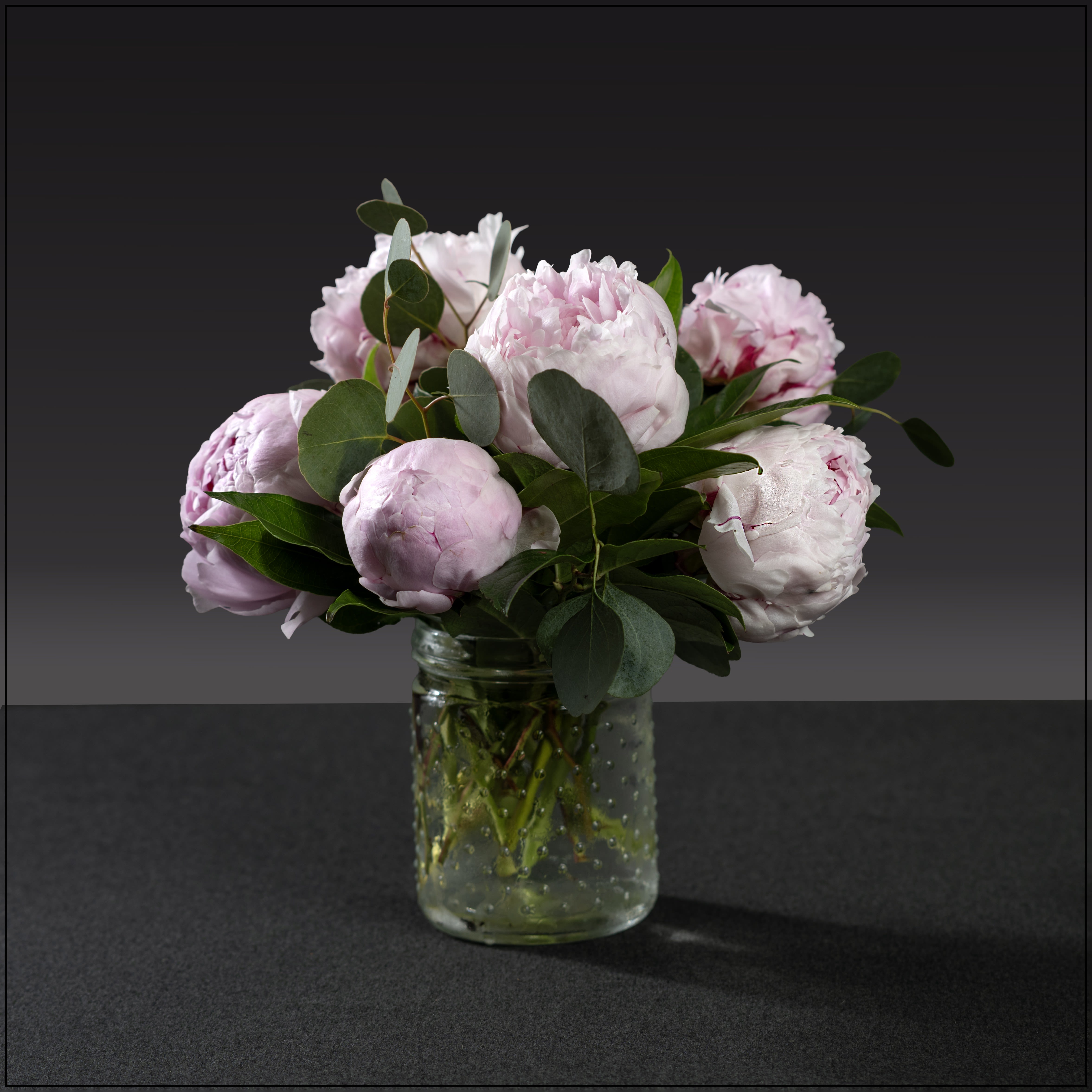 Peony Bliss (Color will vary) - Full, rounded peonies make an immediate romantic impression - a compact peony arrangement perfect for a birthday bouquet, anniversary flowers, or a "thinking of you" gift.   Delivered in a clear glass jar vase, it's ready to display; keep flowers in fresh water, trim stems a little when you change the water, and they'll reward the recipient with several days of fragrant, showy blooms.