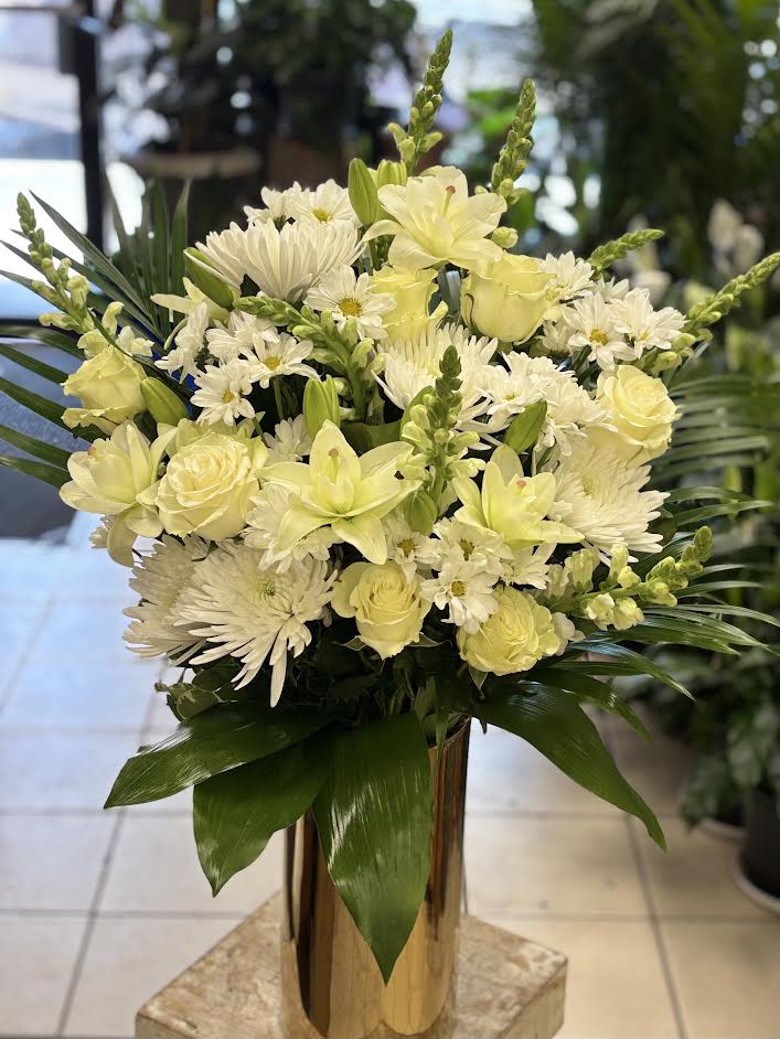 Golden Horizon - Tall golden cyclinder vase with fresh white flowers. (NOTE: if you rather have mix color flowers, please specify in notes section upon check out)