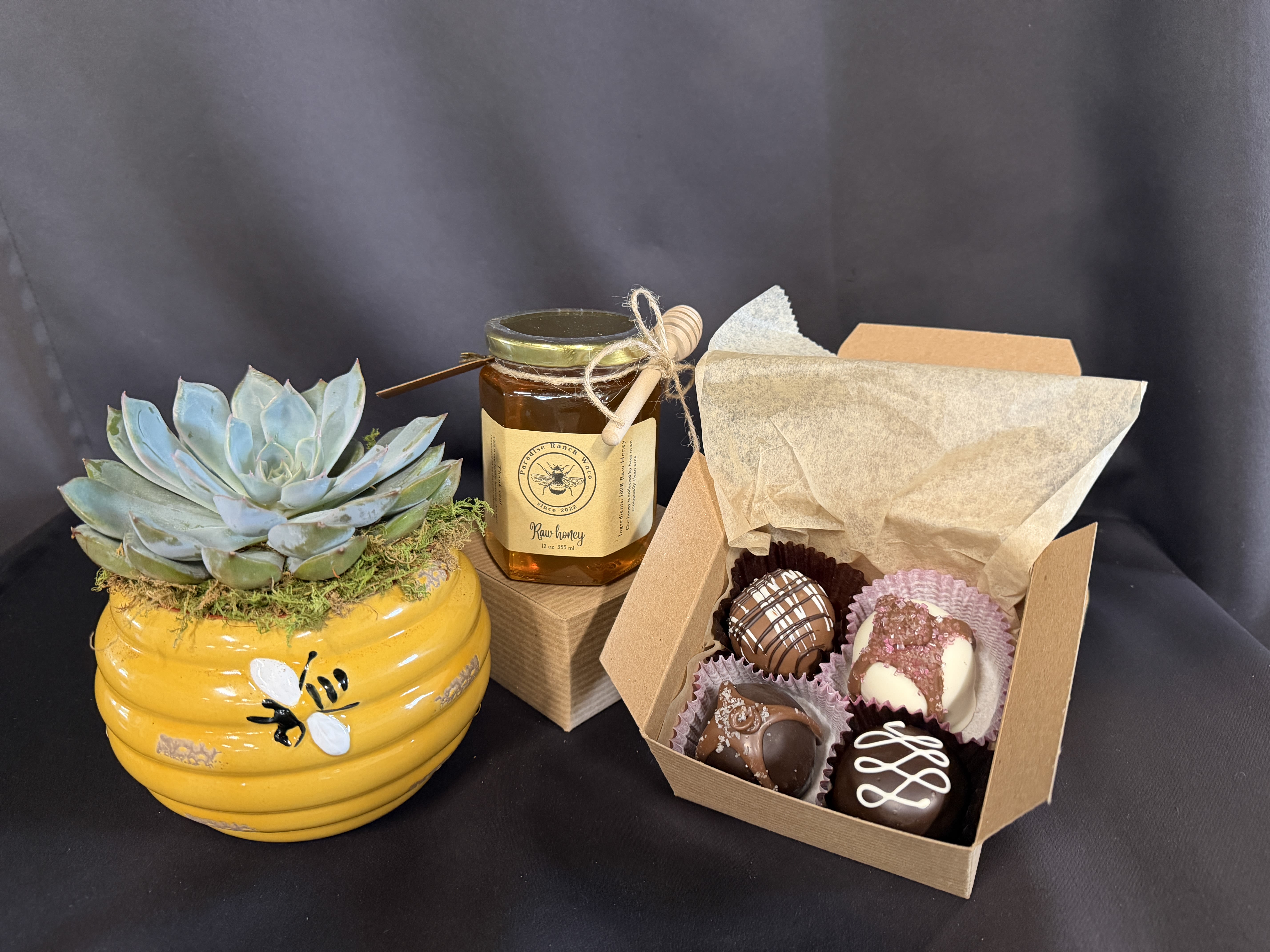 Bee Loved Bundle - Bundle with beehive succulent, jar of honey &amp; 4 truffles