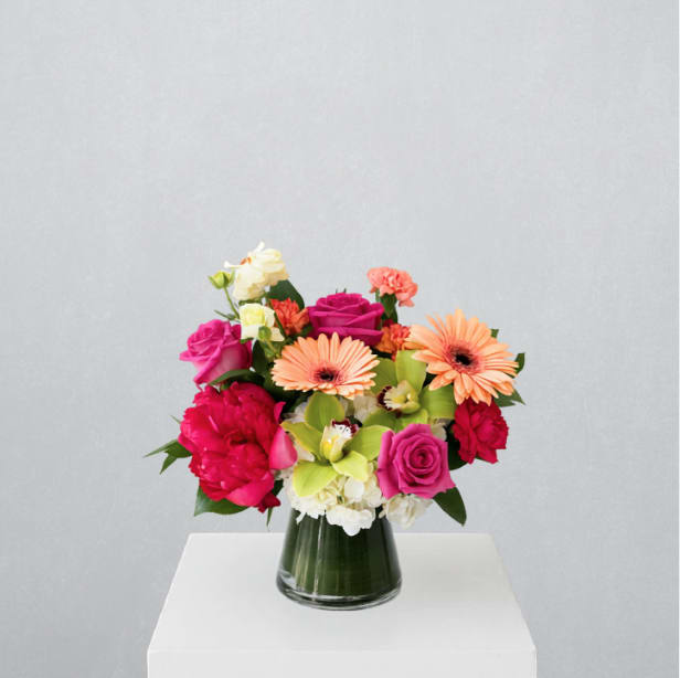The Cool Mom - MOTHER'S DAY COLLECTION | LOCAL DELIVERY ONLY  A bold, modern Mother’s Day arrangement designed for the mom who loves style, color, and something a little unexpected. Arranged in a clear pinched vase with a fresh leaf wrap, this vibrant design features white hydrangea, large gerbera daisies, peony, short stem roses, ranunculus, cymbidium orchid blooms, carnations, and mixed greenery. A fun, fashion-forward floral gift with personality.