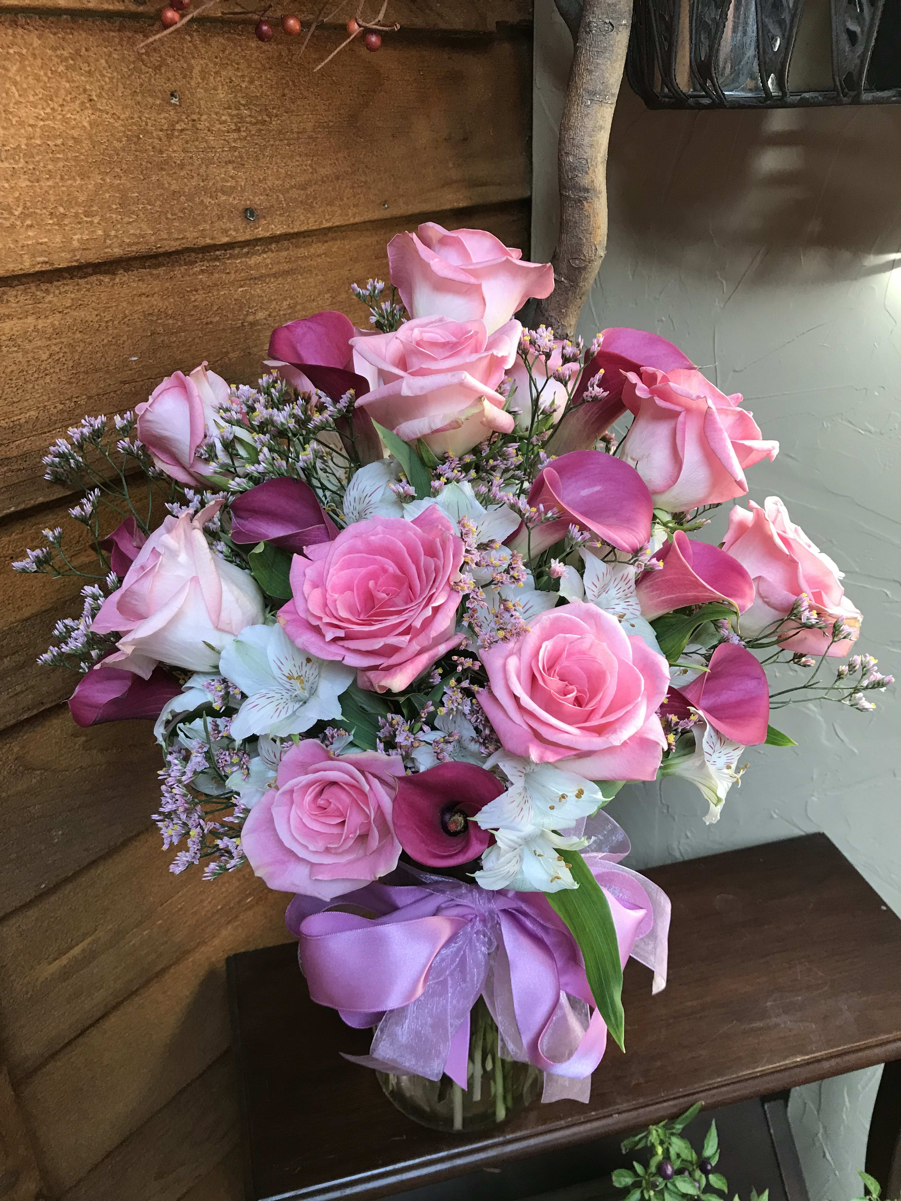 Love - Modern floral ~ pink roses &amp; calla lilies accented with white alstroemeria make this something they'll love.  Other colors available upon request