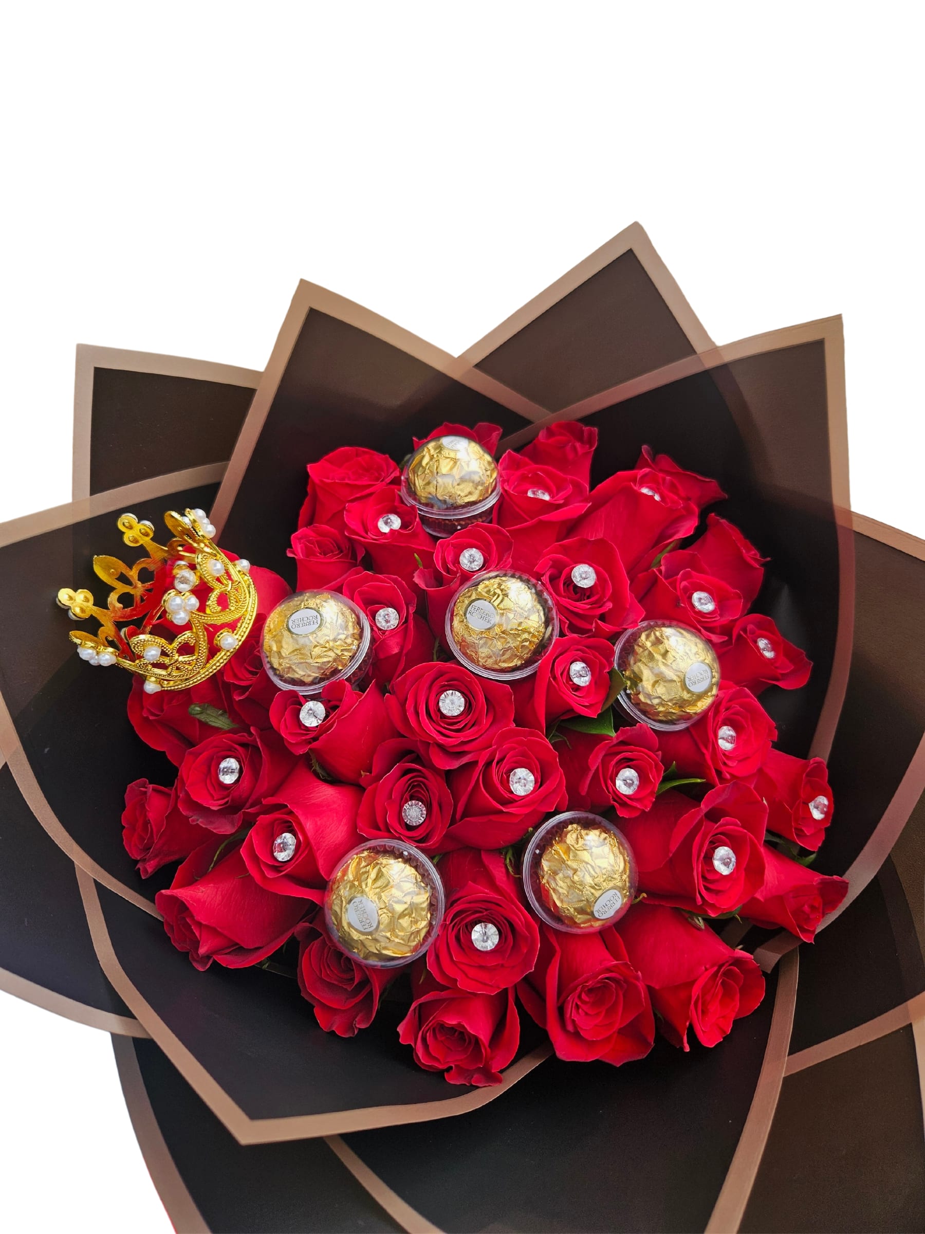 Red rose bouquet with Ferrero Rocher chocolates and a gold crown ornament