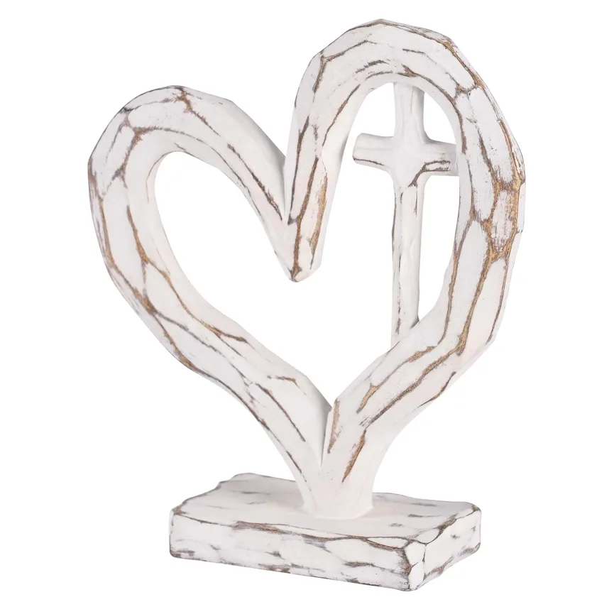 Tabletop Cross + Heart - Resin tabletop decor features a heart with a cross inside. Height of heart is 6 in. The heart and cross have a white carved look on a rectangular base.  Can be added to a plant or a fresh arrangement!