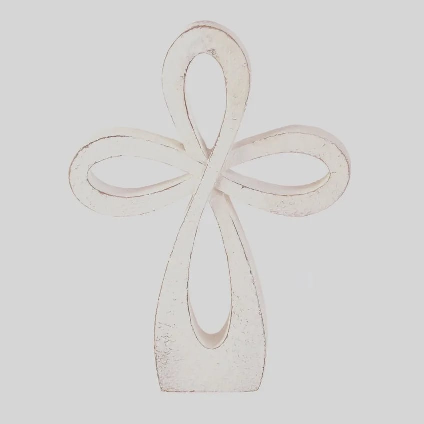 White Wash Tabletop Cross - Graceful loop style tabletop cross has a distressed whitewash finish. Height is 8". Made of resin.