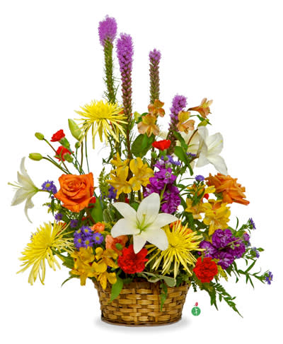 Colorful mixed arrangement of lilies, roses, and mums in a woven basket
