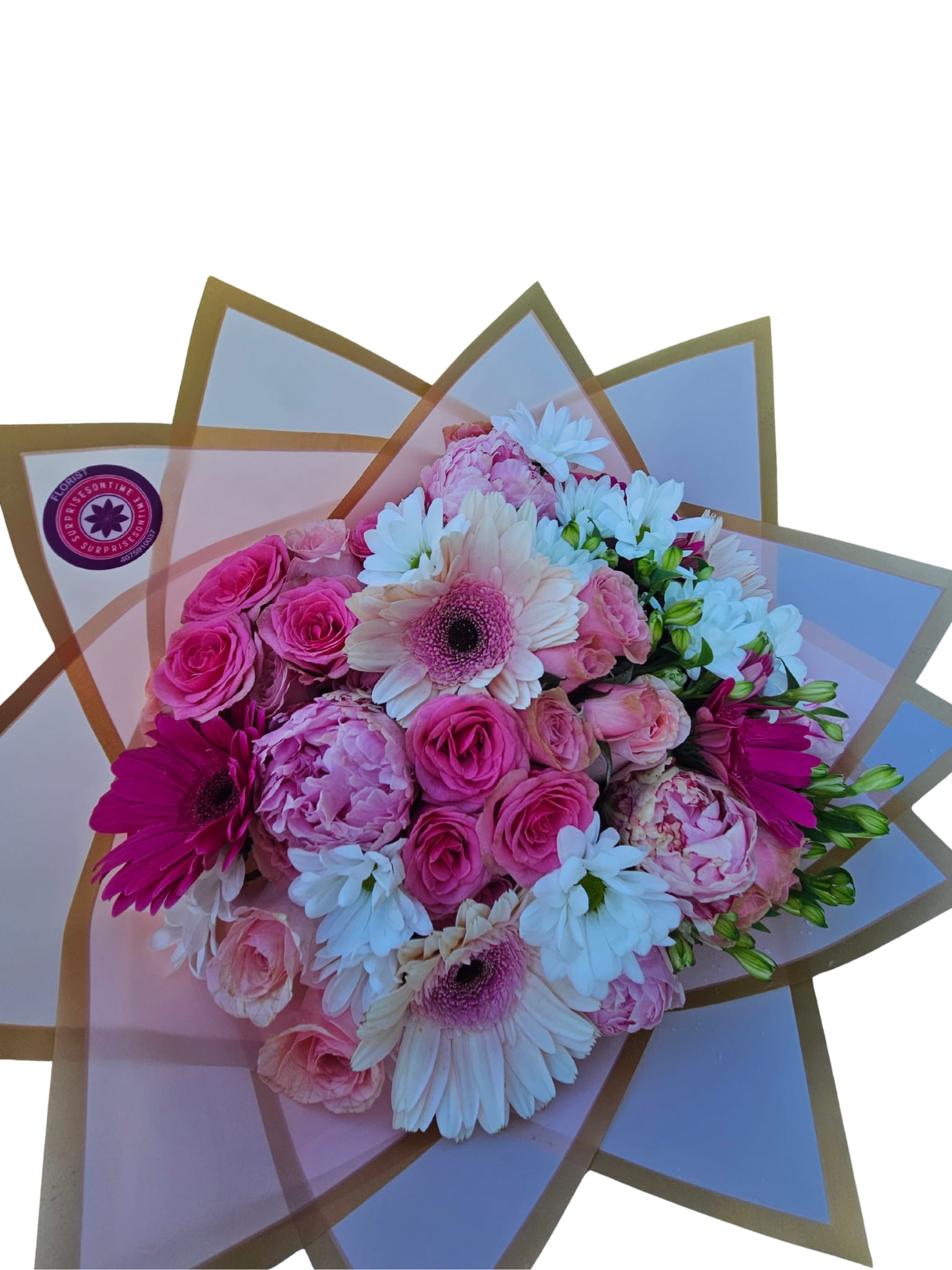 Pink and white mixed bouquet with roses and daisies wrapped in translucent paper
