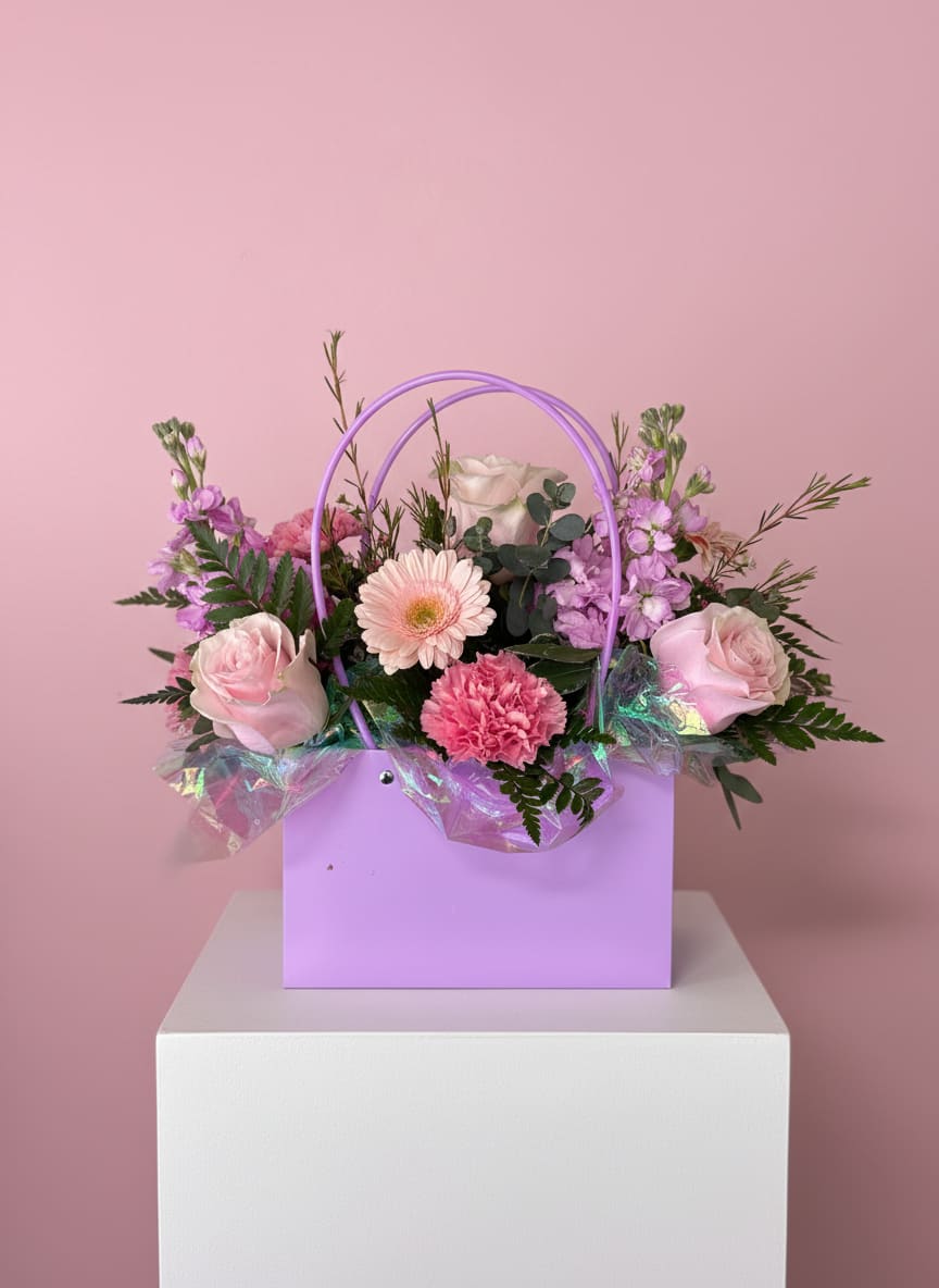 Purple Pocket - This cute purse like container filled with assorted flowers and colors are sure to make Mom happy