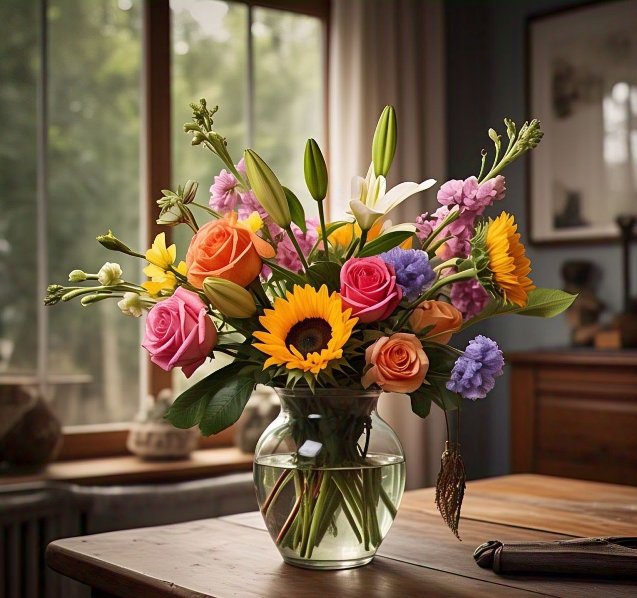 Mixed bouquet with roses, sunflowers, lilies, and purple blooms in a glass vase