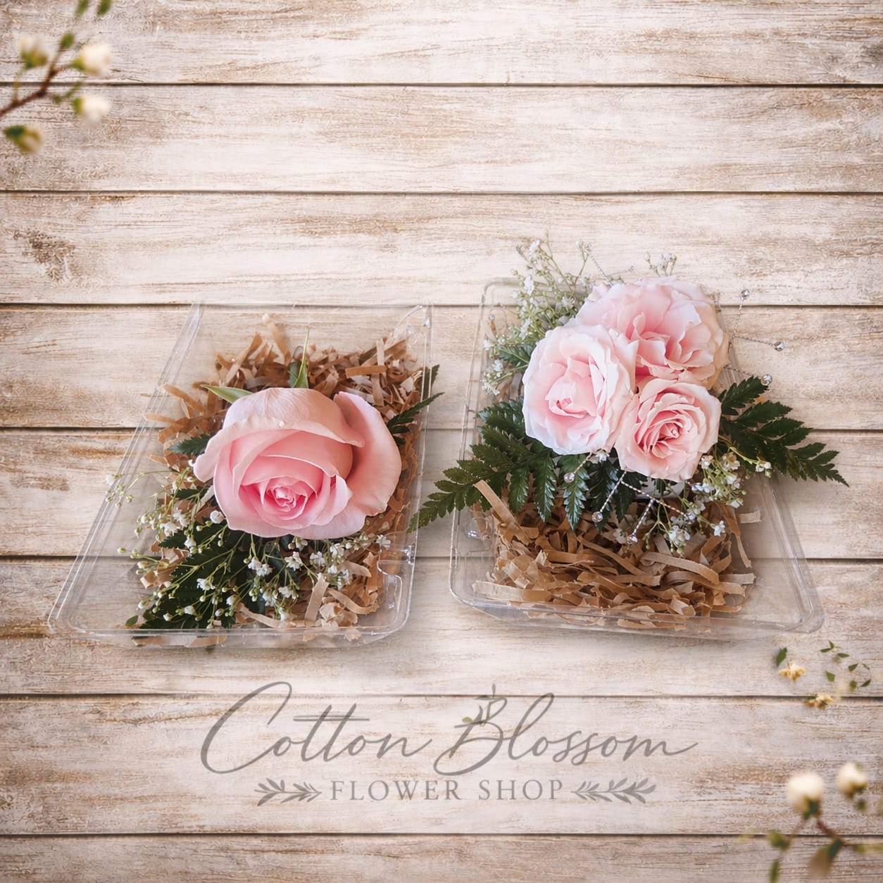 Boutonniere and Wrist Corsage Set  - Add the perfect finishing touch to your special occasion look with our hand crafted floral accessories. Each piece is thoughtfully designed using fresh, high-quality blooms and greenery for a polished, elegant feel.  Boutonniere - A classic accent for suits or tuxedos, our boutonnieres are designed to complement your event colors with a clean, refined style.  Wrist Corsage - Delicate and stylish our wrist corsages are arranged on a comfortable band and feature a beautiful blend of blooms for a soft, eye-catching look.  Boutonniere and Wrist Corsage Set - A perfectly coordinated pair designed to match seamlessly, making it easy to create a cohesive and picture-perfect look.  Customization Options  Each corsage and boutonniere is completely customizable, ensuring a one-of-a-kind design for your special event. Choose from classic rose colors including white, pink, or red — no two pieces are ever exactly alike.  Have a specific color preference or special request? Simply add your desired rose color and any details in the “Notes to Designer” section at checkout.  For additional customization options or to coordinate perfectly with your attire, feel free to call or stop by the shop — we’re happy to help create the perfect look.  Hand-crafted in Cotton Blossom Flower Shop’s signature style, each boutonniere is made fresh and tailored for a clean, classic presentation.