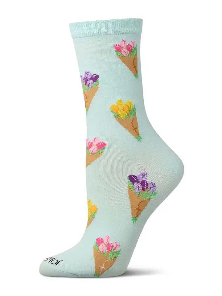 Tulip Bundles Bamboo Crew Socks - Love to tiptoe through beautiful tulips? Check out these women's novelty crew socks. They come in a luxe fine-gauge knit featuring breathable plant-based rayon, famous for silky softness. And they're adorned with detailed graphics depicting colorful tulip bouquets. So pretty you'll want to wear them on repeat.