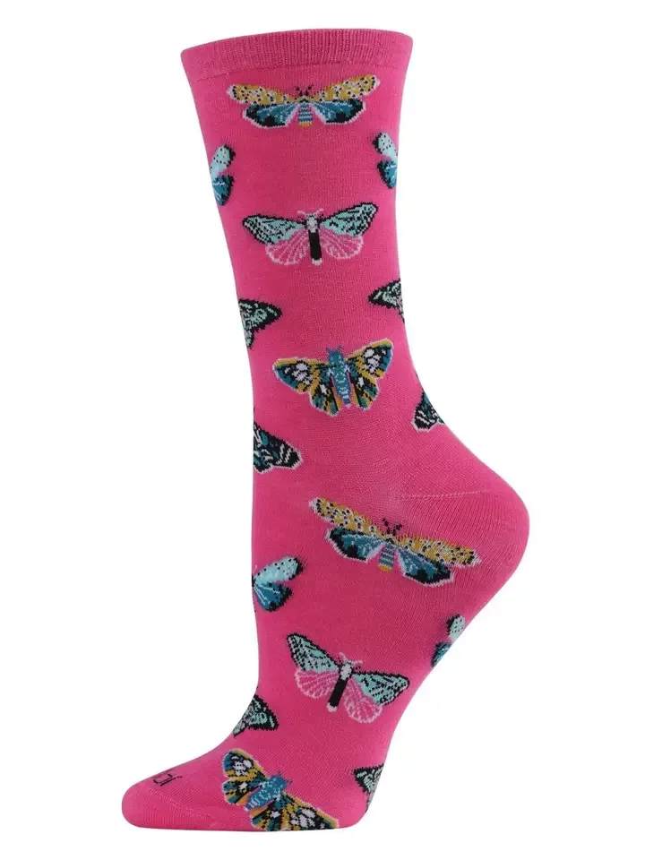 Butterfly Bamboo Blend Crew Socks- Pink - Change into something beautiful in our Butterfly Bamboo Bend Crew Socks. These socks are super cozy, made from the finest rayon-from-bamboo yarns that offer day-through-night comfort while being sustainable to produce, giving you the added benefit of peace of mind.