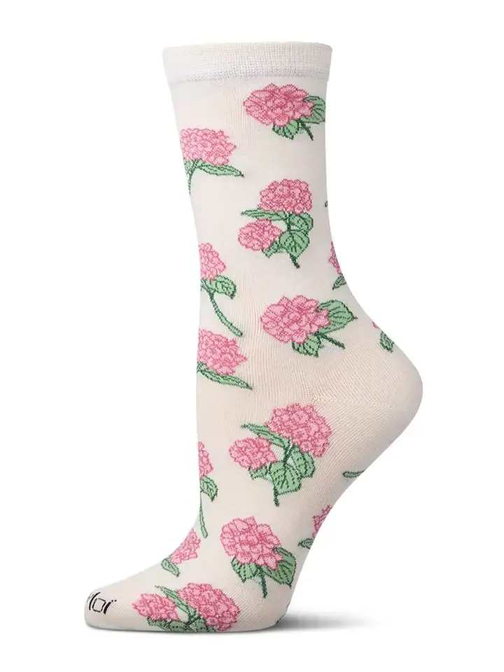 Hydrangea Bamboo Crew - Love those big, beautiful hydrangea blossoms that grace gardens across America? Celebrate these show-stopping flowers with our women's novelty crew socks. They come in breathable rayon from bamboo, famous for silky softness. Plus, they're adorned with gorgeous hydrangea graphics, artfully knit for rich color and realistic detail.