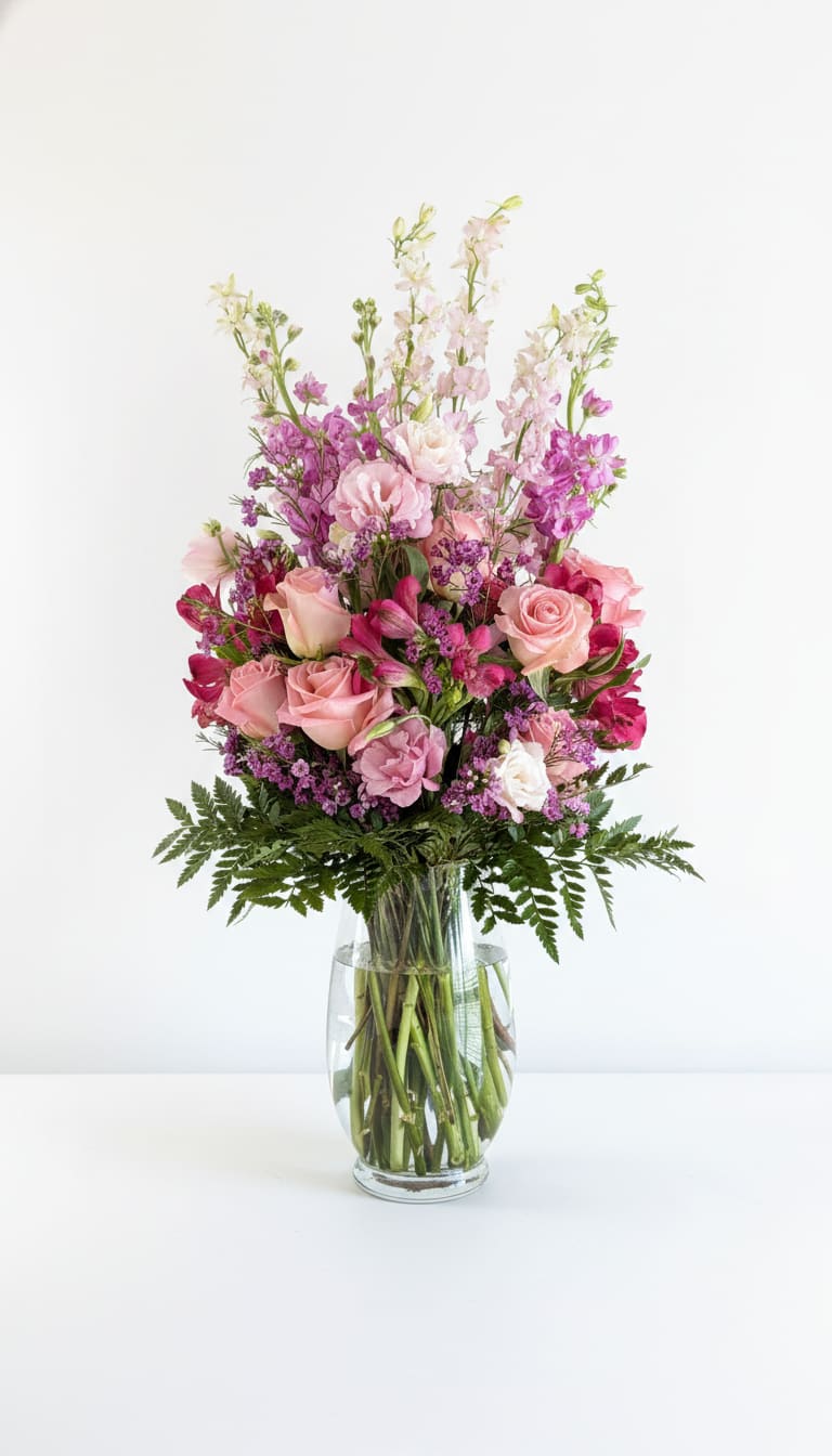 Pink and purple mixed flower arrangement in a clear glass vase