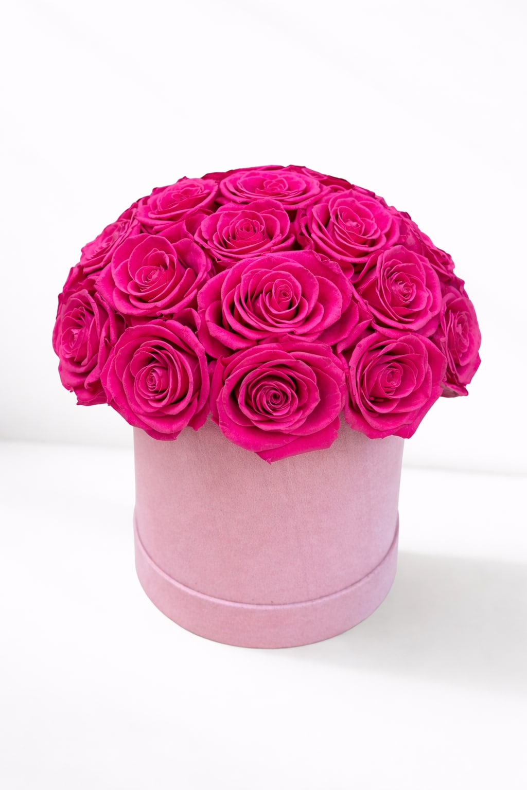 Hot pink roses arranged in a round pink box