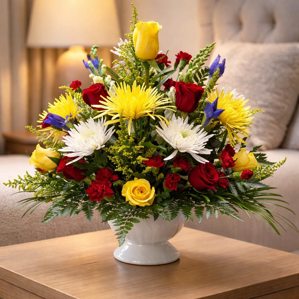Golden Memories  - Bright, celebratory color greets the recipient with this rounded flower arrangement-perfect as a birthday bouquet, congratulations gift, or thoughtful thank-you centerpiece. The mix of red and yellow roses combined with white and yellow chrysanthemums reads joyful and warm, while blue snapdragon accents lift the palette and add vertical movement for a lively, polished presentation.  This composition is full and layered, arranged in a clean white ceramic vase that gives the design a classic, formal silhouette. You'll find densely packed roses and chrysanthemum blooms supported by snapdragon spikes, carnations, and small filler sprays for texture; the balance of primary colors makes the piece both eye-catching and versatile for home or office display.  Made to feel substantial on a table or desk, this arrangement delivers a confident, celebratory message to the person you're thinking of-she'll feel genuinely noticed and celebrated. Care is simple: keep the vase topped with fresh water, trim stems slightly if displayed long-term, and place out of direct heat to prolong bloom life.