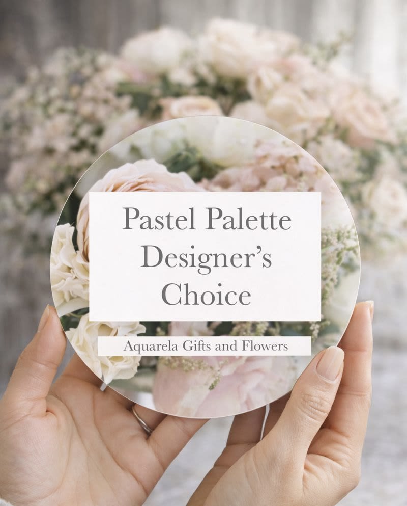 Hands holding a round floral card labeled "Pastel Palette Designer's Choice"