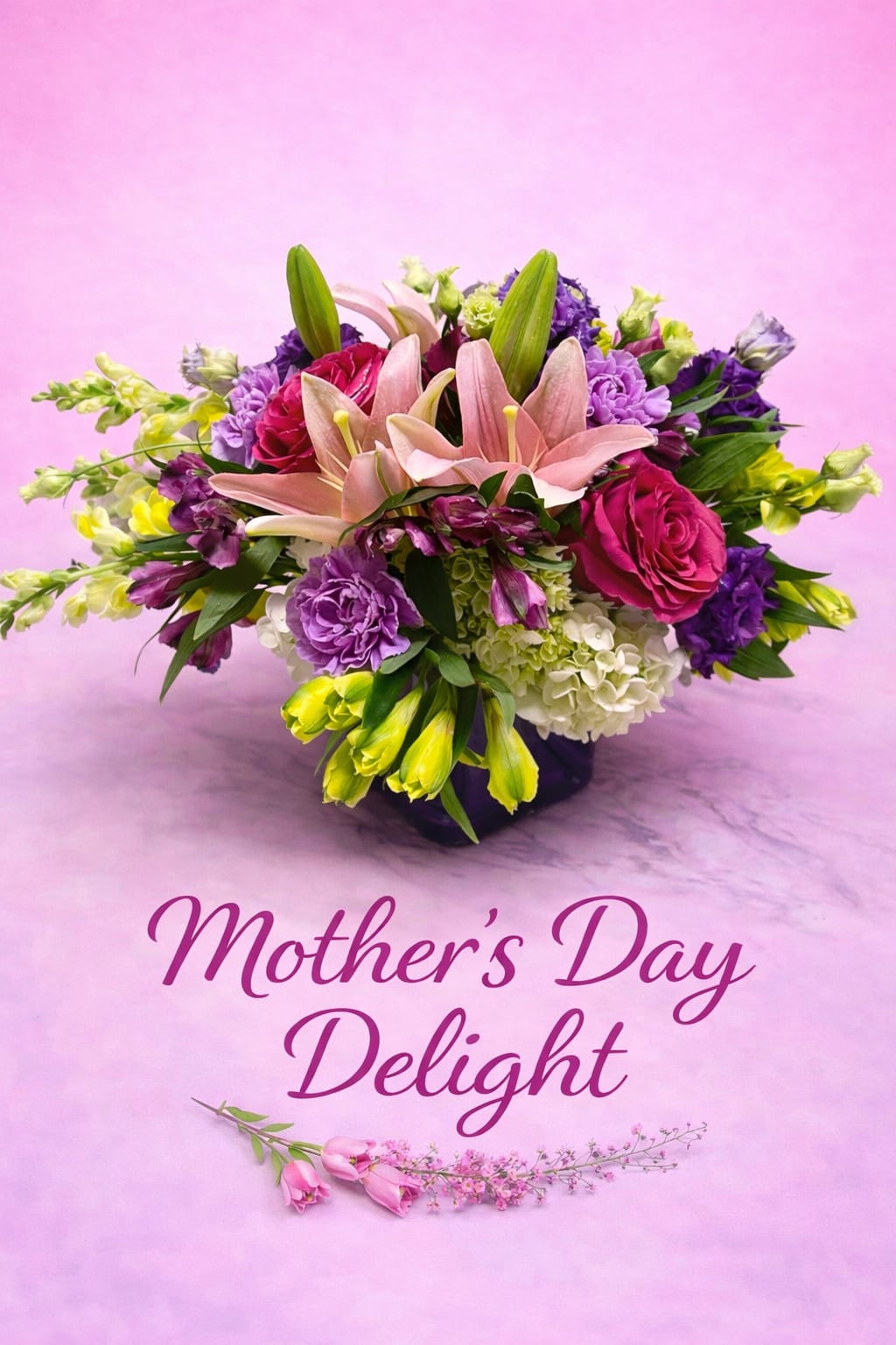 Mother's Day Delight Bouquet  -  Fresh flowers to delight. A mix of pink, white, and green fresh flowers in a vase.  Lilies, Roses, Hydrangeas 