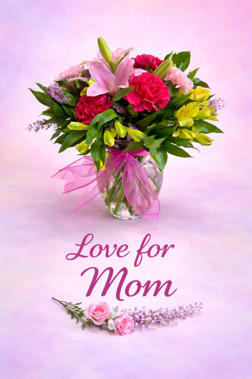 Love for Mom Bouquet - A fresh vase of hydrangeas,lilies and pink, red roses and mixed greens would be beautiful on any table .