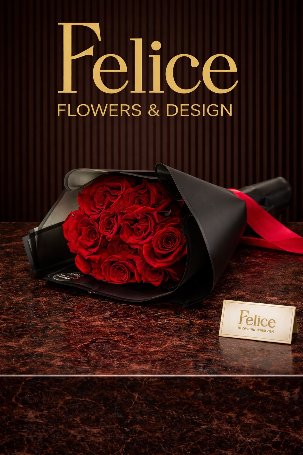 Bouquet of red roses wrapped in black paper with a red ribbon