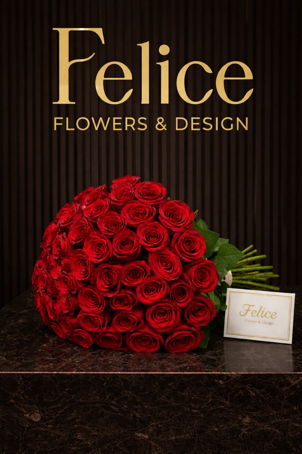 Large bouquet of red roses with a small brand card