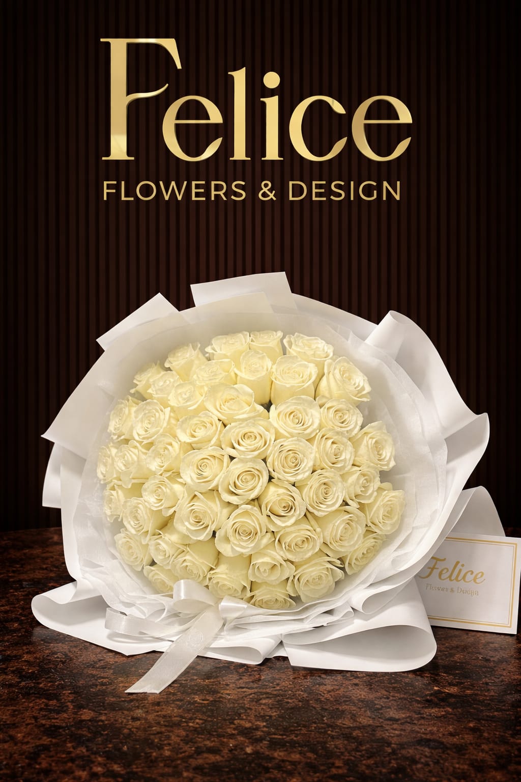 Bouquet of cream roses wrapped in white paper with a ribbon
