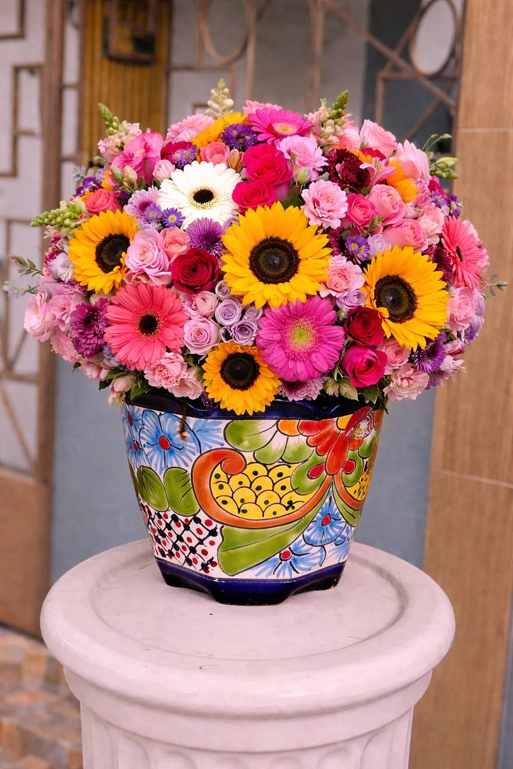 Vibrant Heritage Floral Vase” -  This floral arrangement, in this beautiful handcrafted ceramic vase, is a true burst of color and tradition. Filled with sunflowers, gerberas, roses, and a vibrant mix of tones, it is perfect for honoring our moms, grandmothers, mothers-in-law, and wives this Mother’s Day. Additionally, it is a unique work of art that, after the flowers fade, will continue to decorate your home, becoming a lasting symbol of love and a cherished keepsake.