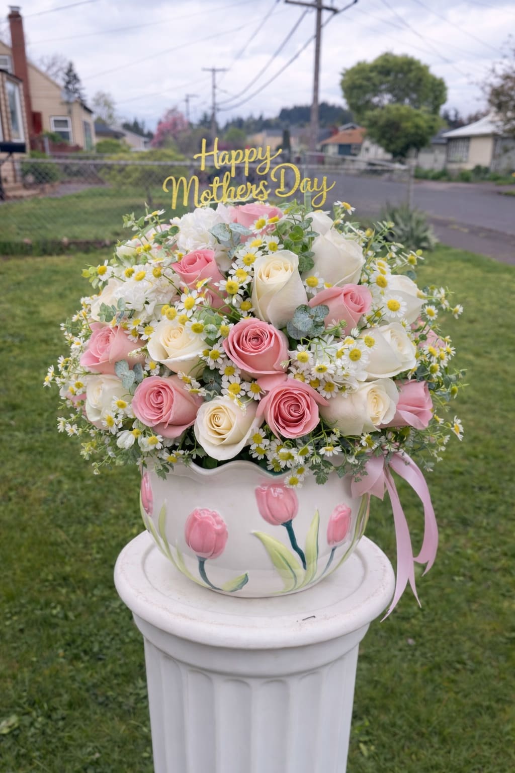 Roses Garden of Soft Gratitude - This delicate arrangement is a soft and elegant tribute for Mother’s Day. The roses in soft pink and white, accompanied by chamomile and eucalyptus touches, are presented in a fine, hand-painted ceramic vase. This elegant base, with delicate tulip decorations, includes a decorative topper that says “Happy Mother’s Day.” It is the perfect gift to honor our moms, grandmothers, mothers-in-law, wives, or any brave woman deserving of recognition, becoming a lasting keepsake of love and gratitude.