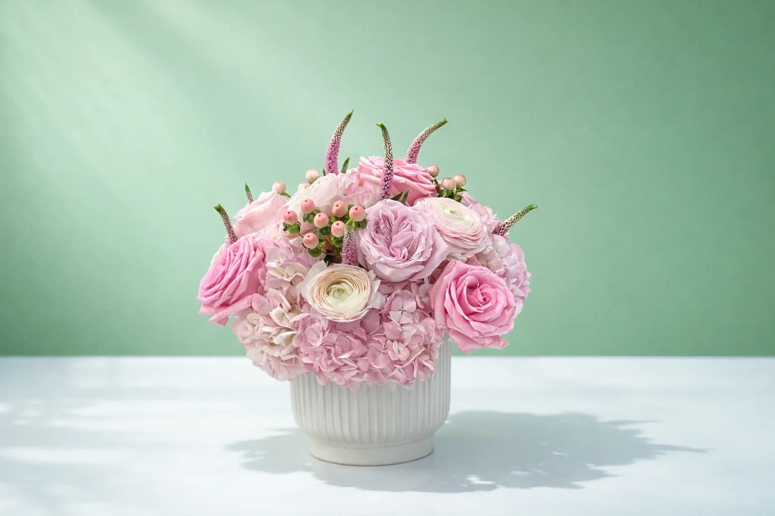 Blushing Pink Garden  - This pretty pink arrangement brings major spring vibes with garden roses, ranunculus, and fluffy hydrangeas all playing together beautifully.