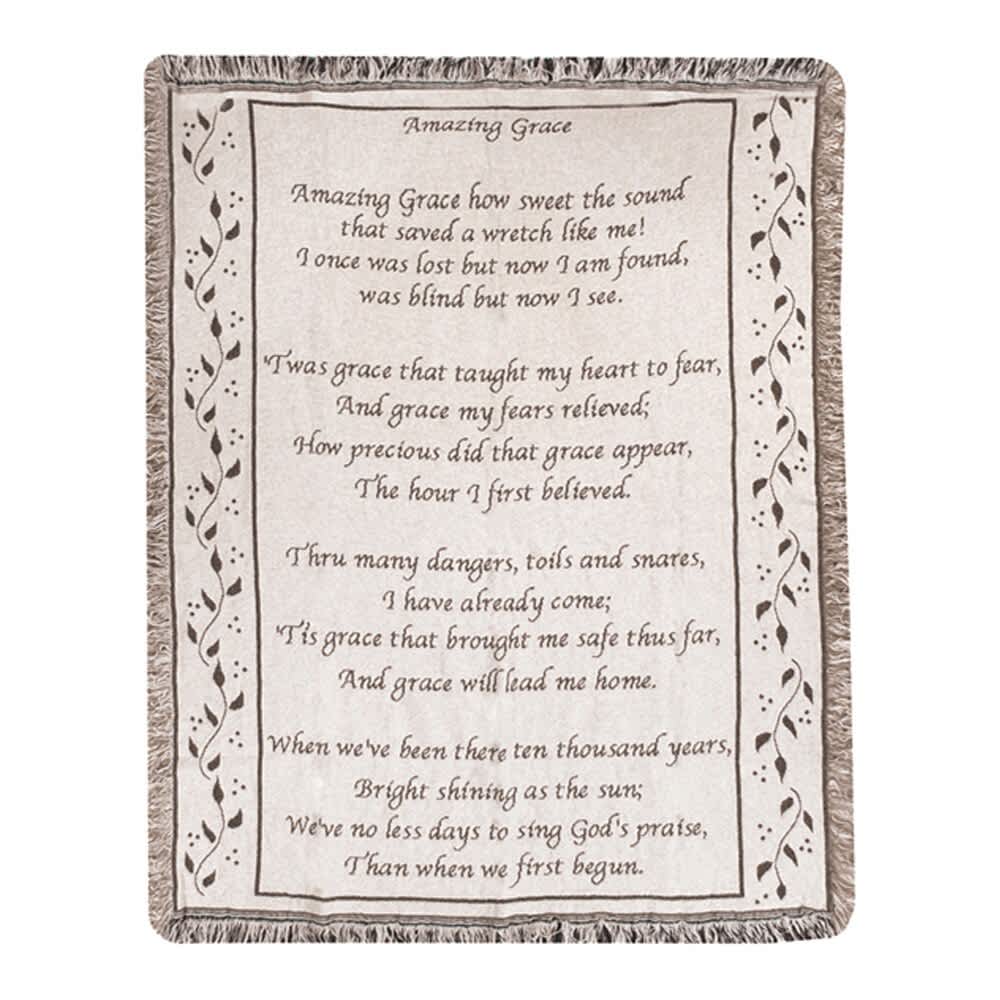 Fringed woven throw blanket with the text of Amazing Grace
