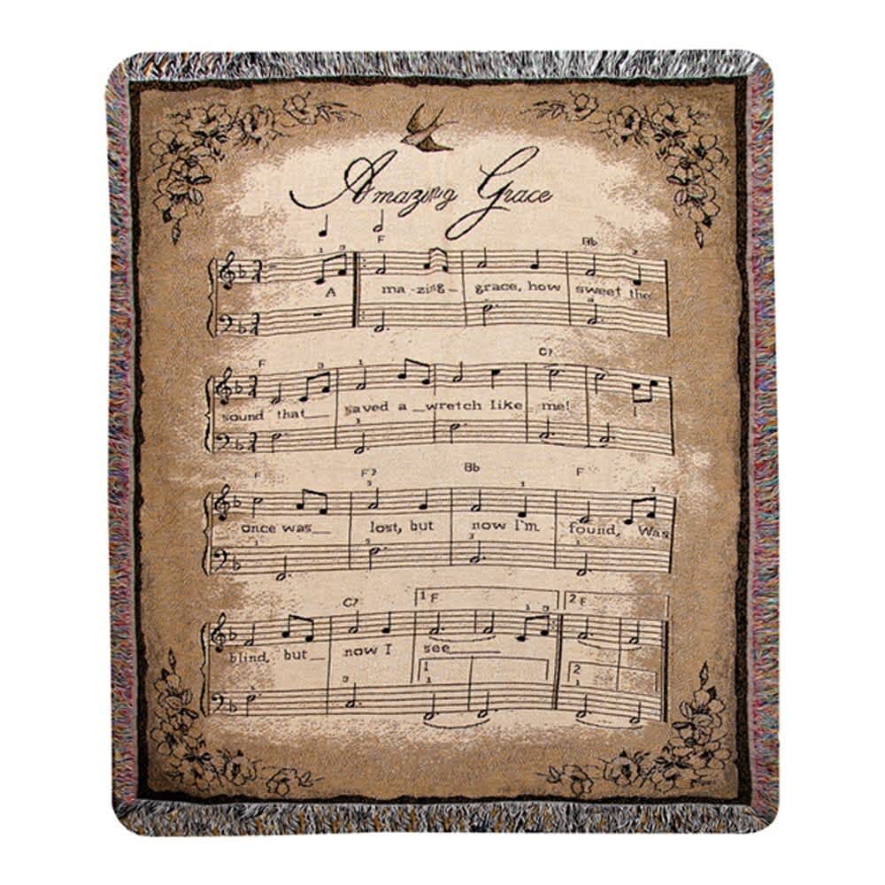 Decorative throw blanket with sheet music and floral border print