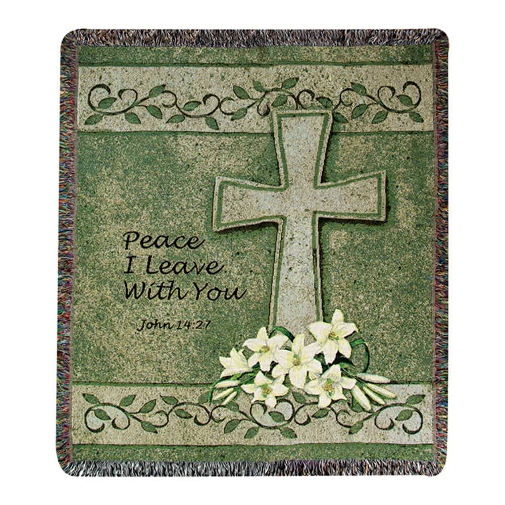 Green memorial blanket with a cross, flowers, and the words Peace I Leave With You