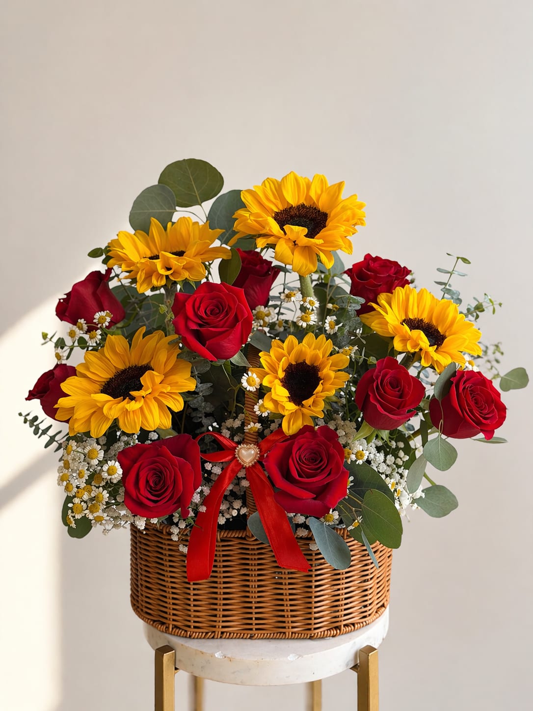 Sunshine Love Basket  - Bright yellow sunflowers and deep red roses create an immediate burst of cheer in this flower arrangement-perfect as a birthday bouquet, anniversary surprise, or a romantic gesture for the one you love. The rounded wicker basket and red ribbon with a decorative heart pick give the piece a warm, giftable look that reads as both joyful and affectionate, making it equally right for Mother's Day, a thank-you moment, or a spontaneous "just because" delivery.  Clusters of sunflowers sit beside velvety red roses, while small white filler blooms and airy eucalyptus-like greenery soften the contrast and add pleasing texture and movement. Arranged low in a classic wicker basket, the design is compact and easy to display on a table or entry console; the red ribbon and heart accent finish the arrangement with an unmistakable touch of romance.  This is the kind of bouquet that will make the recipient feel celebrated and seen-bright, uplifting, and effortlessly thoughtful. Orders include the woven basket presentation and decorative accents; light daily water refreshes to the floral foam (or a quick mist to the stems if displayed without foam) will help the flowers stay fresh through the week.