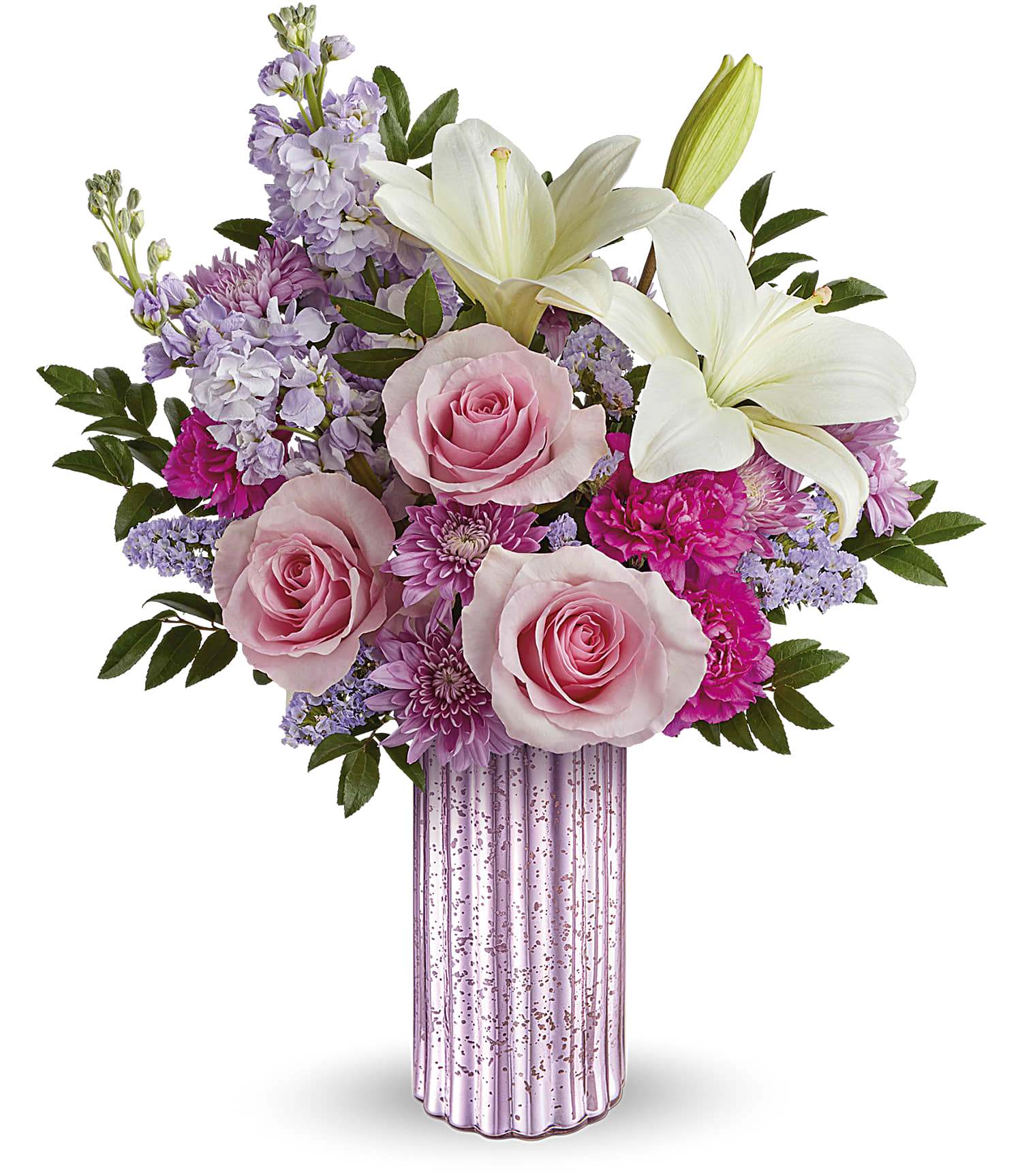 Pink roses and white lilies in a pink glass vase