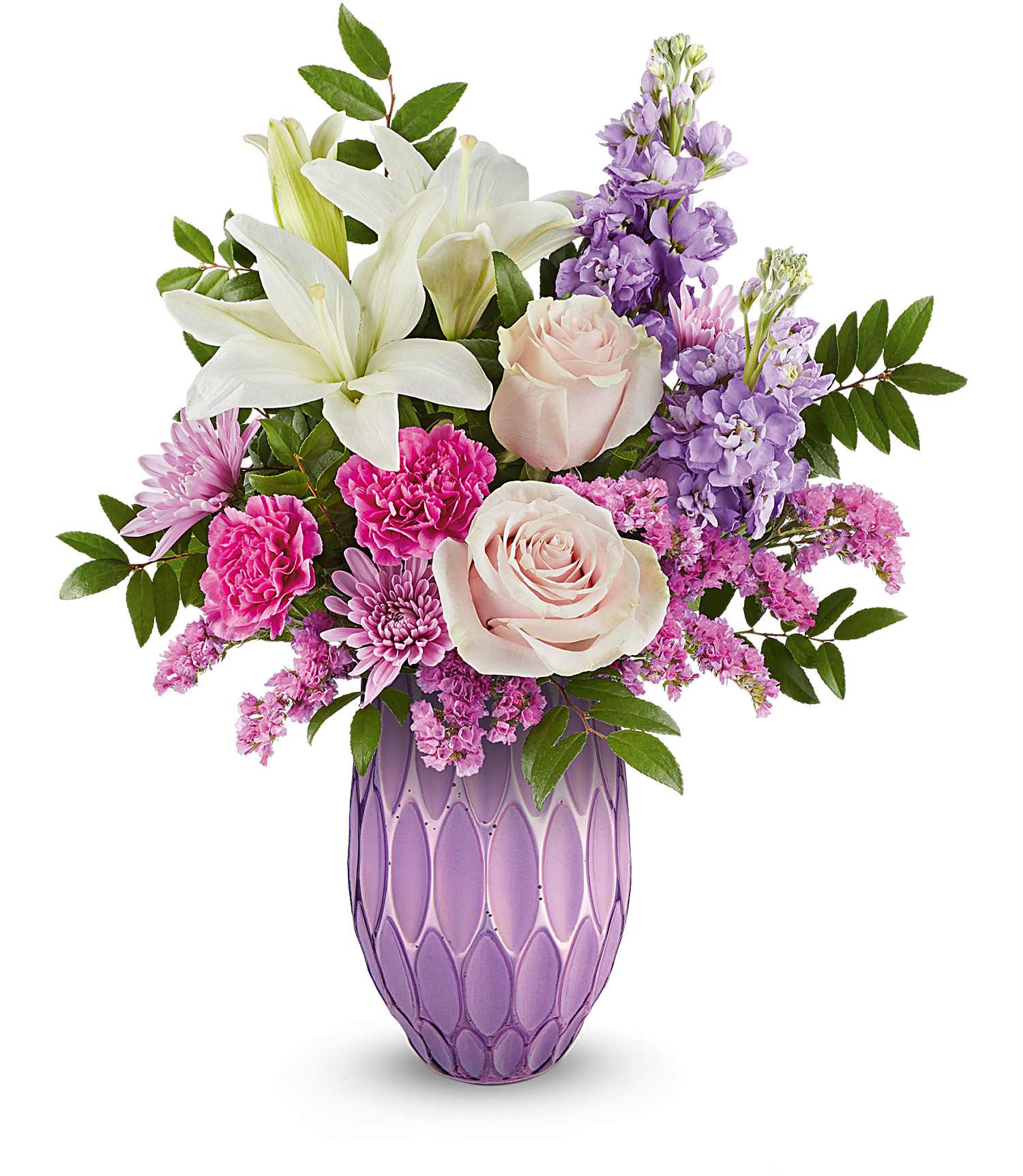 Pink and white flowers arranged in a purple vase