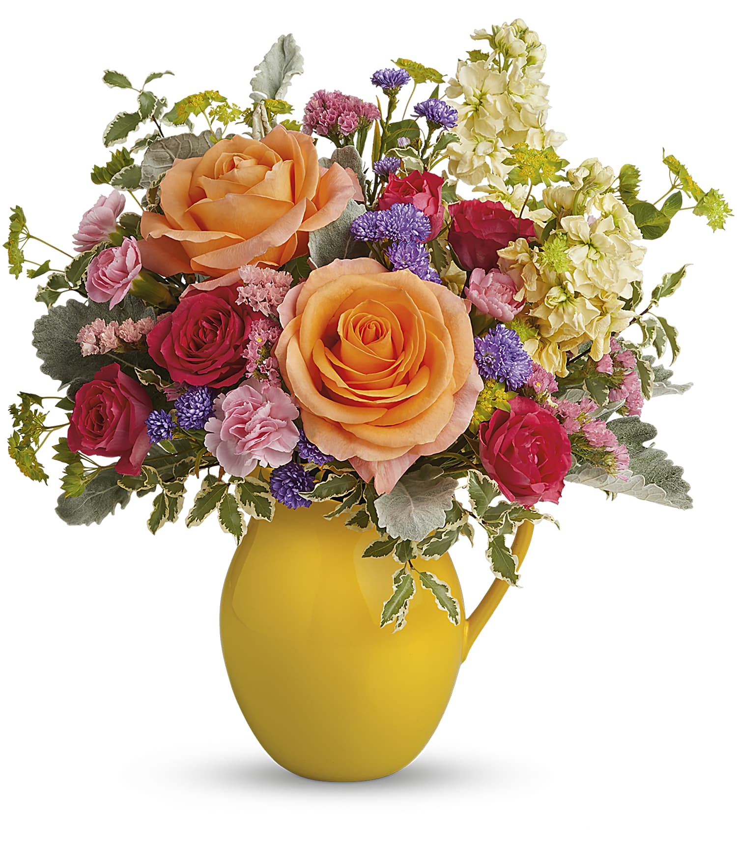 Mixed bouquet of roses and small purple flowers in a yellow pitcher vase