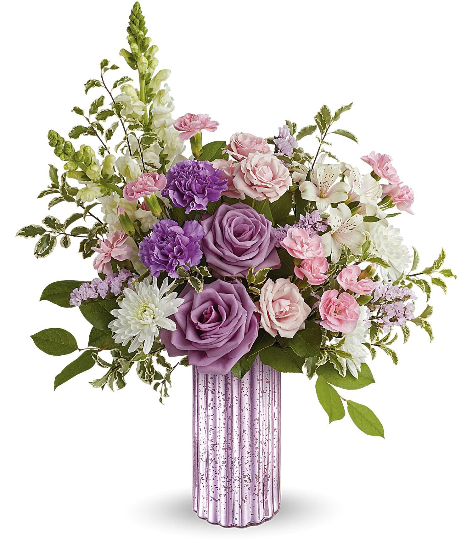 Lavender and pink flower arrangement with roses and carnations in a tall pink glass vase