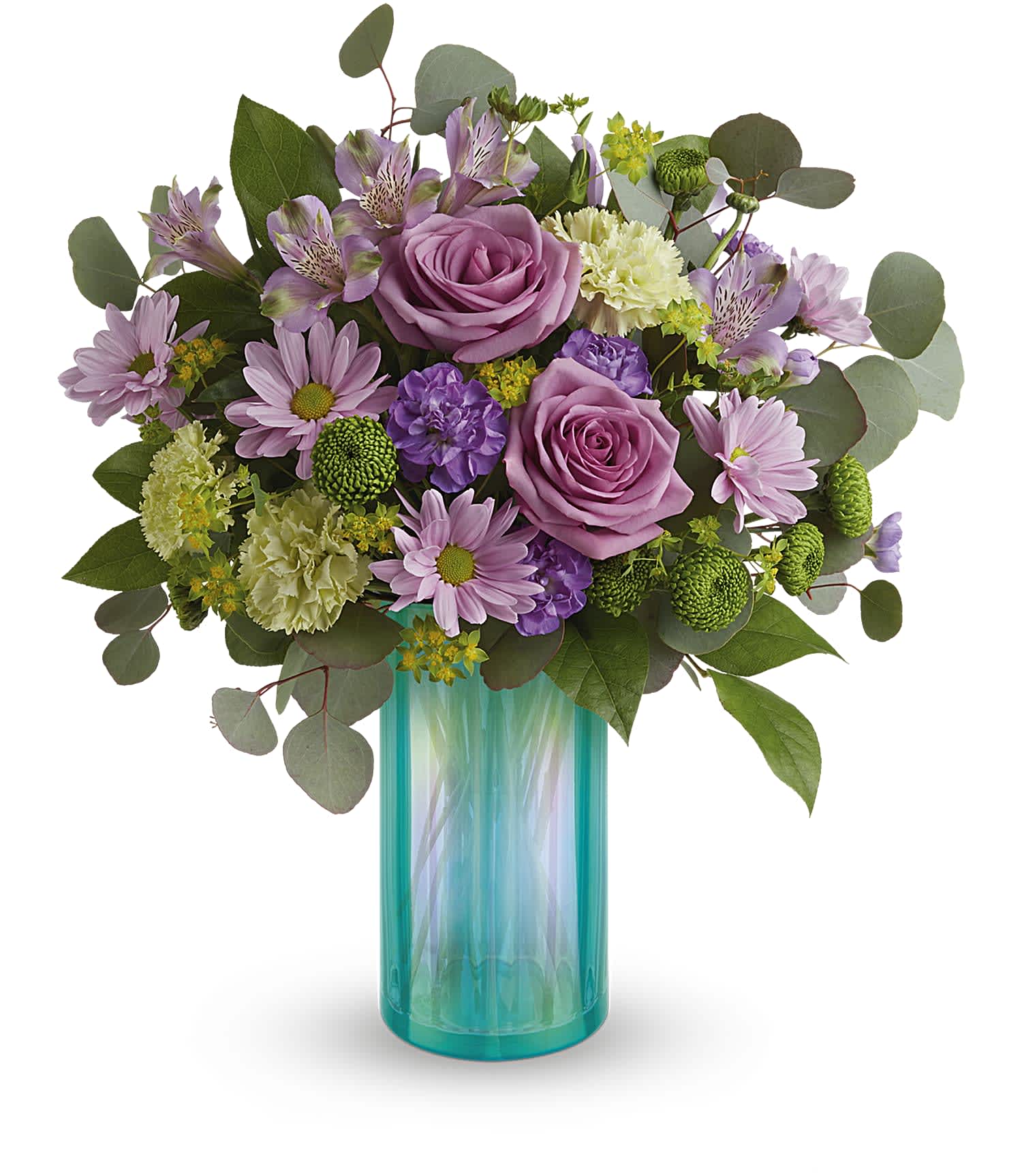 Lavender roses and mixed purple flowers in a turquoise glass vase