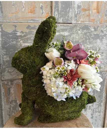Moss Bunny With Spring Blooms - This sweet moss bunny is filled with fresh spring blooms and would make the most beautiful Easter centerpiece. Please let us know your flower and/or color preferences and we will do our best to accommodate. Otherwise we will use the freshest seasonal blooms available. Aprox 12 x 12 inches