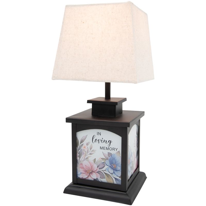 "In Loving Memory" Lamp Lantern - This tabletop lamp lantern is made using a high quality metal finish with printed glass artwork.  It comes with a fabric shade and LED lightbulb.  Indoor use only.  H: 12.00" W: 5.25"