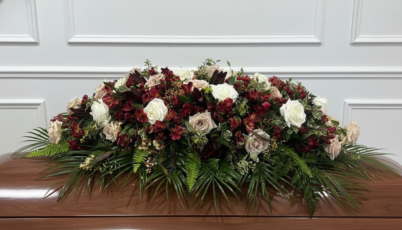 Crimson Grace Casket Spray  - A beautifully composed casket spray designed with rich burgundy blooms, soft ivory roses, and lush greenery to create a timeless and elegant tribute. This arrangement blends depth and softness, symbolizing love, honor, and a life well remembered.  Crafted with premium seasonal flowers and designed in a low, full style, this piece offers a graceful presence atop the casket without overwhelming the space.  Perfect for families seeking a refined and meaningful farewell.   Flower varieties may vary slightly based on availability while maintaining the overall look, color palette, and design style.