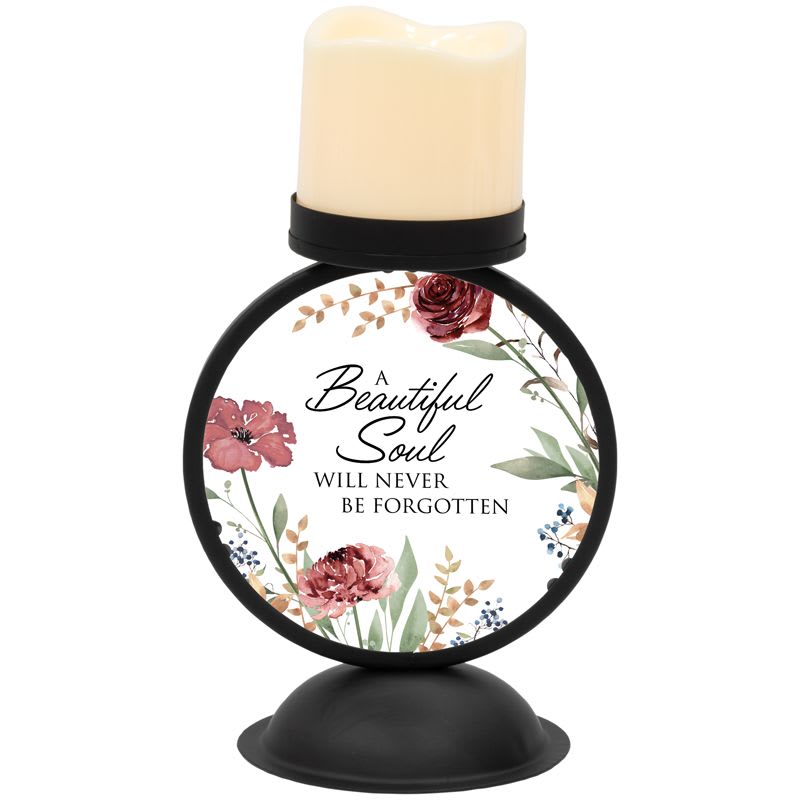"Beautiful Soul" Candle Holder - This flameless LED candle holders are made with a high-quality metal finish with a printed glass design.  W: 5.5" H: 10" D: 4.5"
