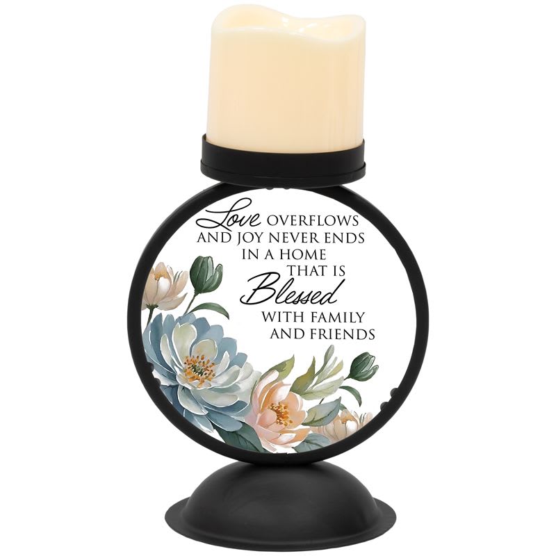 "Home that is Blessed" Candle Holder - This flameless LED candle holders are made with a high-quality metal finish with a printed glass design.  W: 5.5" H: 10" D: 4.5"
