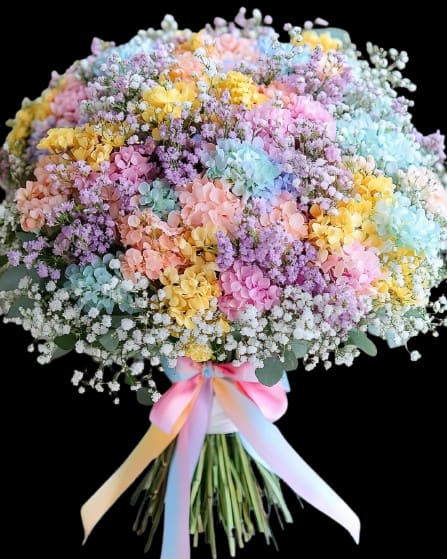 TINKER BELL - A whimsical cascade of pastel hydrangeas makes a joyful statement the moment she sees it - perfect for a birthday bouquet, a new baby welcome, or a Mother's Day surprise. This large hand-tied flower arrangement uses mixed-color hydrangeas in pink, yellow, lavender and soft blue to create a soft rainbow effect; delicate white filler flowers form an airy halo that brightens the composition and gives it an uplifting, springtime feel.  The blooms are gathered in dense clusters for lush texture, the larger hydrangea petals contrasted by fine, feathery filler for added movement. Stems are tightly arranged and finished with a wide pastel multicolor satin ribbon and a clean white bouquet wrap for a polished, gift-ready presentation that reads charmingly feminine and cheerful.  Send this when you want her to feel truly celebrated - whether welcoming a newborn, marking a birthday, or bringing spring indoors during the holidays. The generous size and durable hydrangea heads offer visual impact on arrival; keep in cool water, recut stems, and enjoy the soft hues for days as they slowly open.