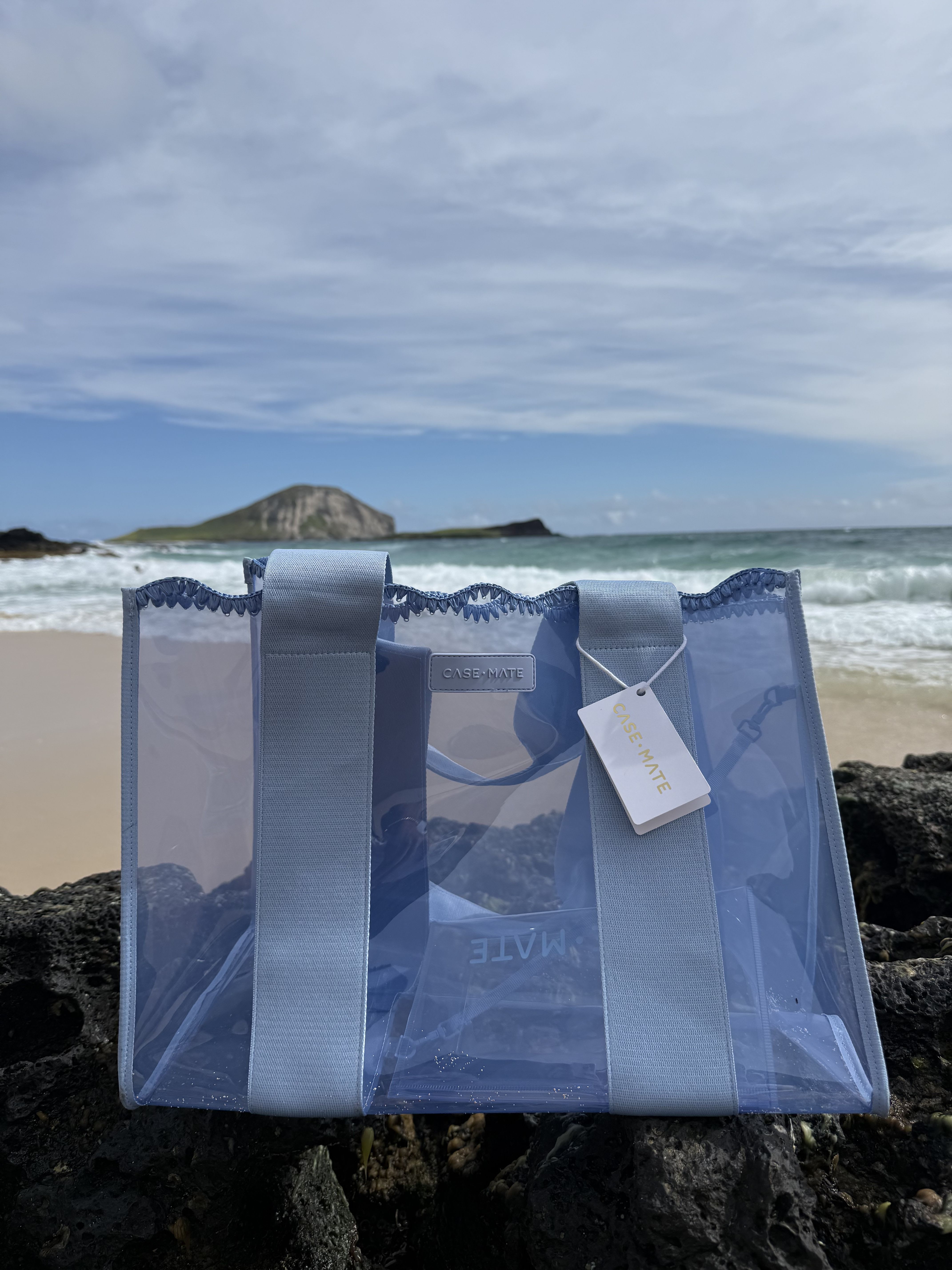 Translucent blue crochet tote with wide light-blue straps, clear body and branded hanging tag. - A cool, transparent blue tote with wide fabric straps and a subtle brand tag-perfect as a Mother's Day treat or a "just because" gift that feels effortlessly modern. This clear tote's structured shape and ocean-blue hue give it a beach-day, travel-ready vibe that will make the person you're thinking of feel stylish and seen.  Made from clear material with matching blue fabric handles and a hanging brand tag, the bag is roomy enough for daily essentials or for carrying a floral arrangement from our shop to a celebration. Ideal for birthdays, anniversaries, Memorial Day gatherings, housewarmings, prom, or as a thoughtful get-well or thank-you present-pair it with blooms or a gift set for a complete, ready-to-give package.