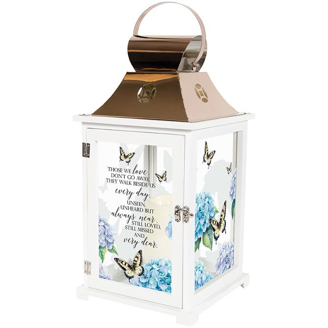Decorative white memorial lantern with butterfly and hydrangea design